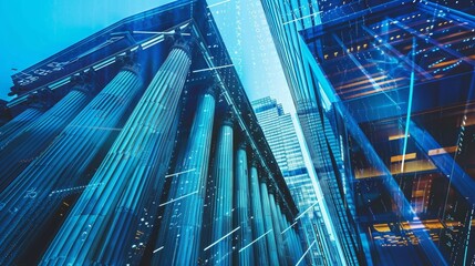 Stunning architectural view of modern finance buildings with digital elements representing banking technology Generative AI
