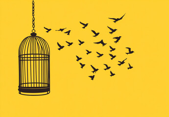 A bird cage hanging on the left side of a yellow background with birds flying away from it.
