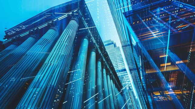 Stunning architectural view of modern finance buildings with digital elements representing banking technology Generative AI
