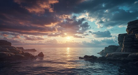 A beautiful sunset over the ocean with a rocky shoreline
