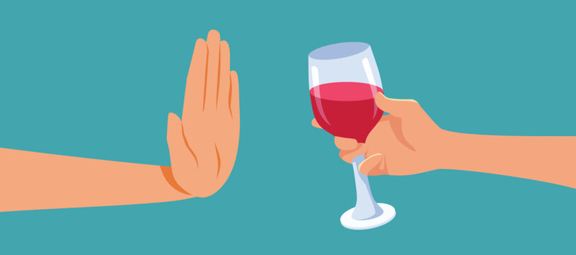 Person Saying No to Alcohol Wine Glass Vector Illustration. Sober man respecting his alcohol abstinence refusing a drink
