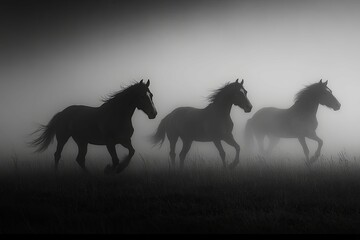 Three galloping horses move swiftly through a dense and misty meadow