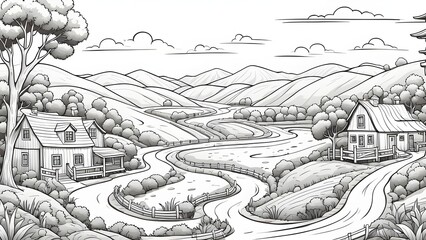 Black white illustration a picturesque countryside scene winding roads, houses, rolling hills.