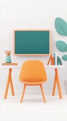 A modern workspace featuring a minimalist desk, orange chair, teal chalkboard, and colorful decor, creating a vibrant and creative environment.