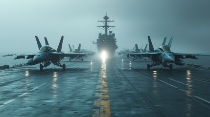 Military aircraft on a naval vessel deck in a stormy atmosphere.  A squadron of fighter jets are lined up on a carrier deck, facing a large warship in the distance