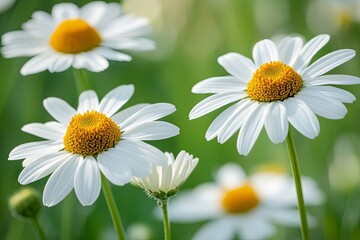 Fototapeta premium White Daisies With Yellow Centers Displayed Against Green Backgrounds