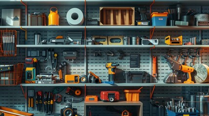 Building materials and tools displayed on a shelving unit in a repair service setting for construction projects Generative AI
