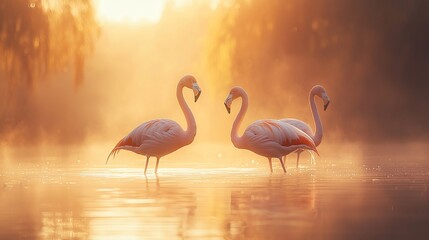Naklejka premium Three flamingos in golden sunrise mist.