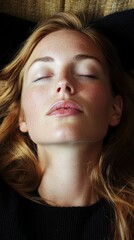 Close-up portrait of a person with a serene and relaxed expression