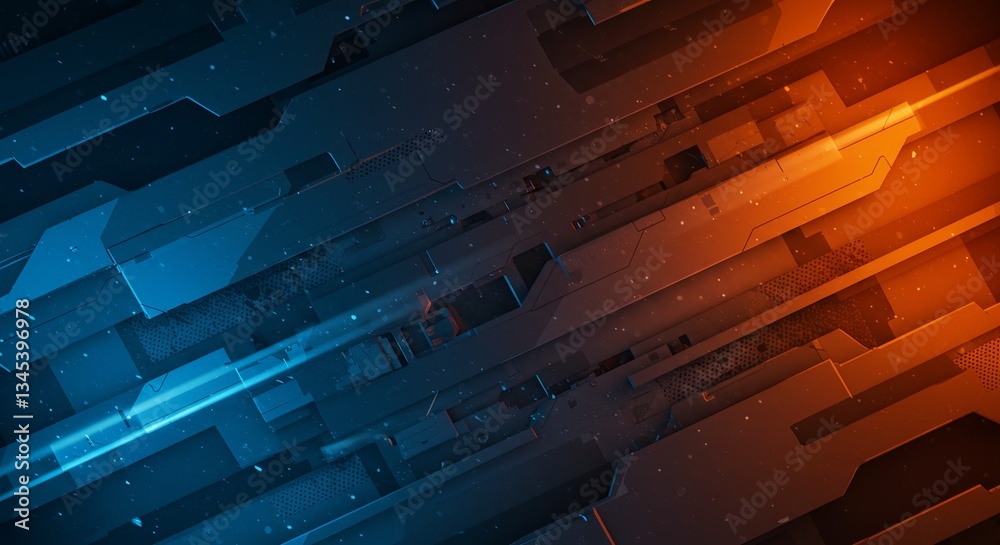 Poster a blue and orange background with a lot of lines and dots