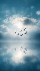 Fototapeta premium Birds flying over calm lake at sunrise.