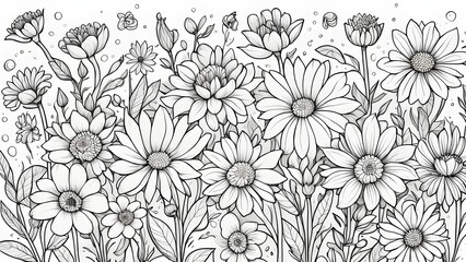 Detailed line art illustration a vibrant floral bouquet featuring various flowers monochrome.