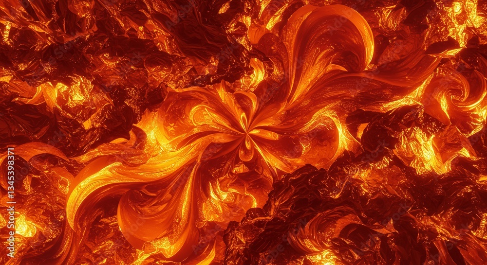 Poster a fiery orange background with a flower-like shape in the middle