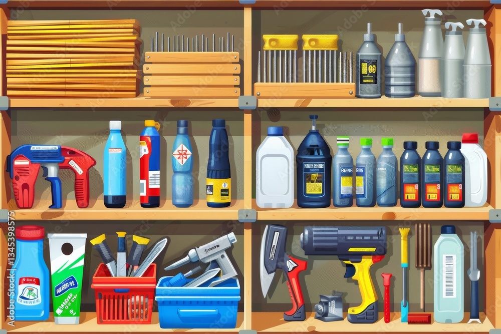Poster Showcase of various building materials and tools organized on a shelf for construction and repair projects Generative AI