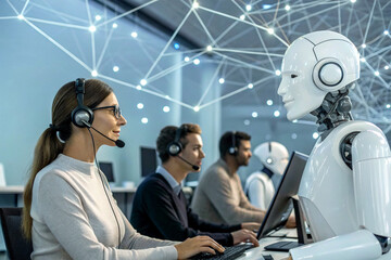 A futuristic call center where humanoid robots and human employees work together, wearing headsets and using computers, with a digital network of connections glowing above them