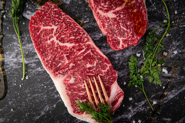 Close-up of premium raw wagyu steak with marbling texture