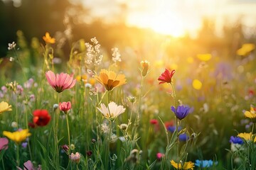 Naklejka premium Sunlight illuminates a field of colorful wildflowers in nature