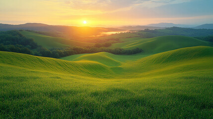 Fototapeta premium Rolling green hills bathed in golden sunrise light with a peaceful countryside atmosphere.
