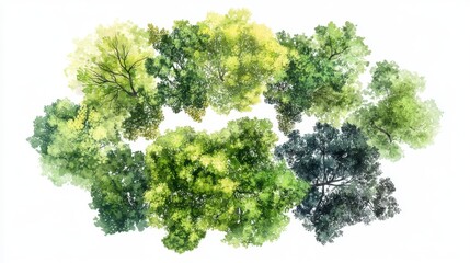 Garden planning watercolor tree symbol, aerial view of canopy with naturalistic spread pattern, hand-painted texture with controlled paint blooms, professional architectural rendering technique,
