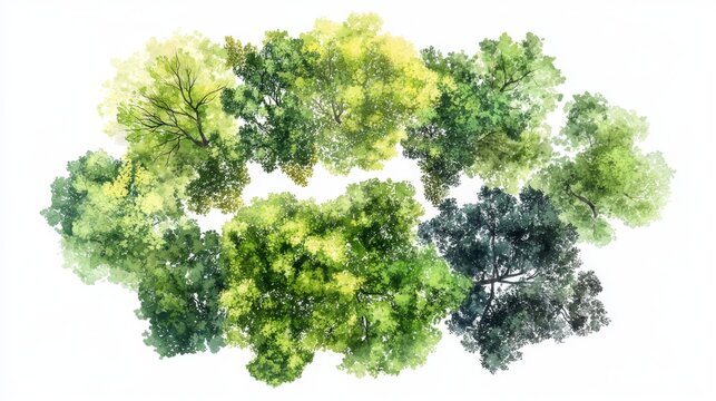 Garden planning watercolor tree symbol, aerial view of canopy with naturalistic spread pattern, hand-painted texture with controlled paint blooms, professional architectural rendering technique,