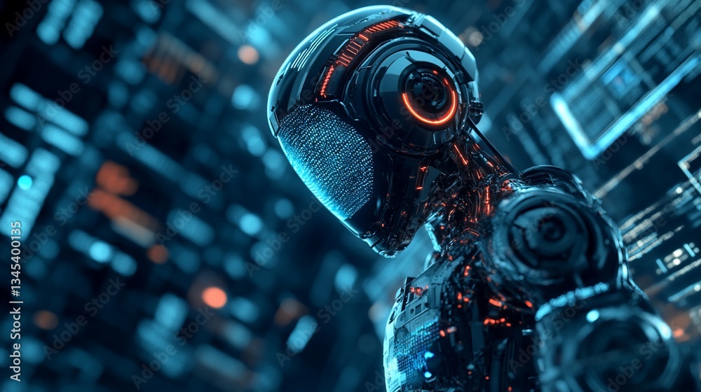 Poster futuristic ai robot with glowing elements in a high-tech environment