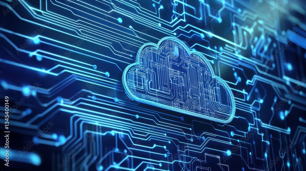 Poster cloud with circuit design in the background representing modern cloud oriented networking technology