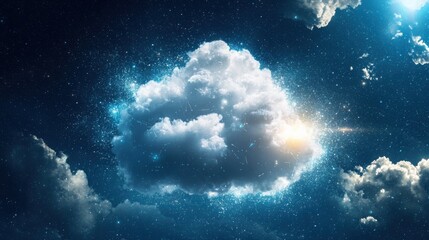 Fototapeta premium A beautiful blue sky with fluffy clouds and stars creating a dreamy atmosphere for cloud-oriented networks