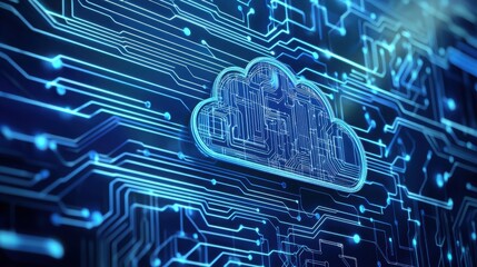 Cloud with circuit design in the background representing modern cloud oriented networking technology and innovation