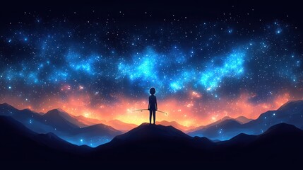 A solitary figure stands on a mountaintop, gazing at a vibrant night sky filled with stars and nebulae
