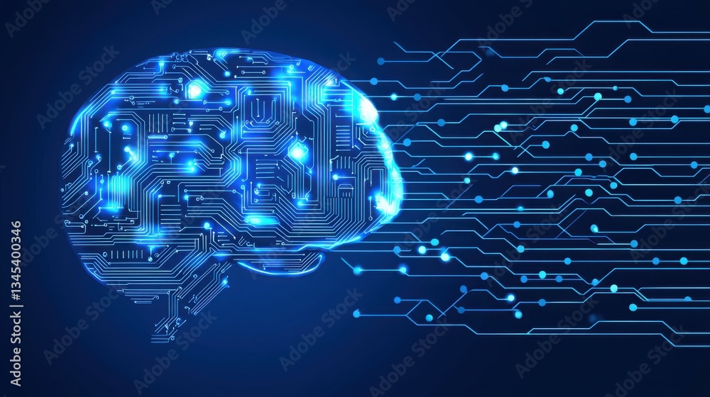 Poster conceptual illustration of a brain on a circuit board representing cognitive computing and advanced 