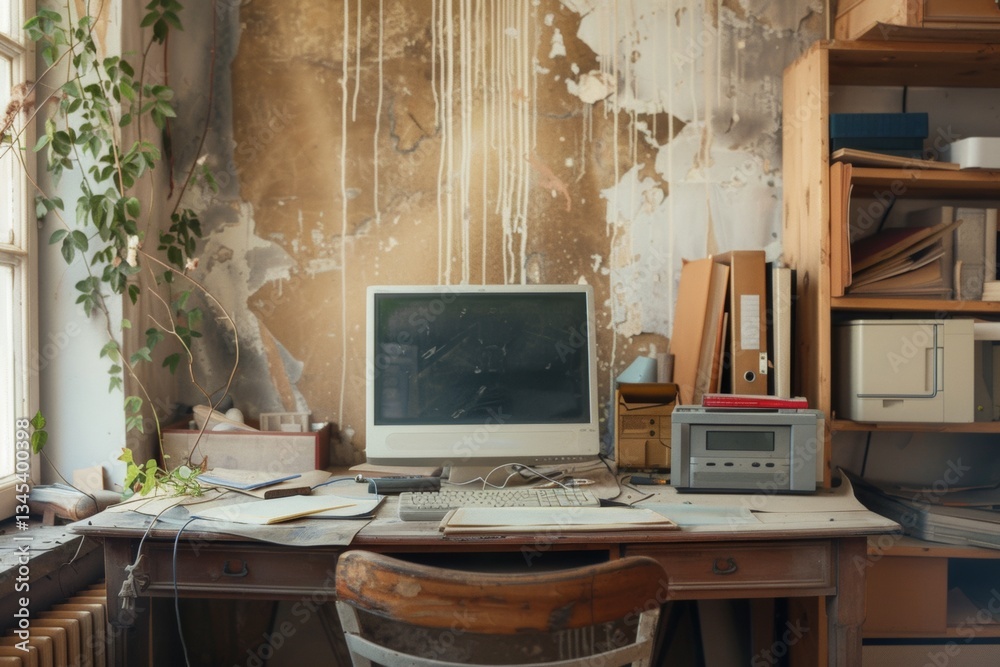 Aufkleber Home office waiting for renovation with cluttered desk and outdated computer setup Generative AI