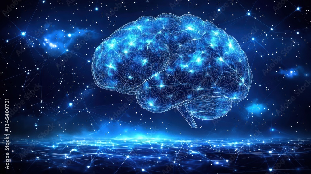Poster artistic representation of a brain on a blue background symbolizing cognitive network design and int