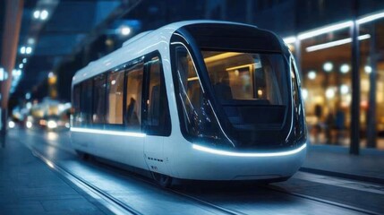 Futuristic White Train Traveling Along Rails Through City Streets