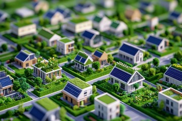 Modern Sustainable Housing Development with Solar Panels in a Lush Urban Landscape