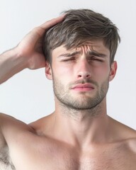 Obraz premium Caucasian experiencing headache, depicting real emotion and struggle.