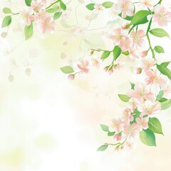 Delicate pink cherry blossoms bloom on branches with green leaves