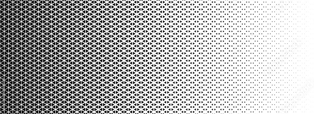 Poster Triangle halftone gradient background. Geometric triangular tech pattern texture. Black abstract vanishing gradation wallpaper. Vector fading mosaic pop art backdrop for booklet, flyer, poster, banner