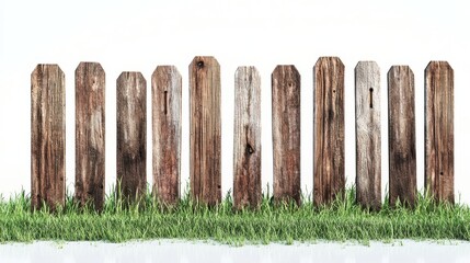 Fototapeta premium Panoramic composition of vintage style wooden fence posts, rich natural wood patterns, freshly cut green grass underneath, pristine white environment, soft gradient shadows, studio photography