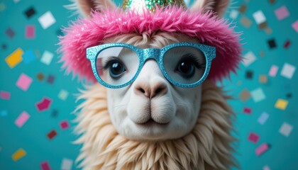 Obraz premium Whimsical llama with party hat and glasses surrounded by colorful confetti