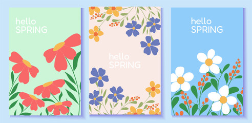 Trendy Hand Drawn Hello Spring Floral greeting card templates with colorful flowers and green leaves on pastel background. Vector illustration. Springtime holidays,nature concept. Design for