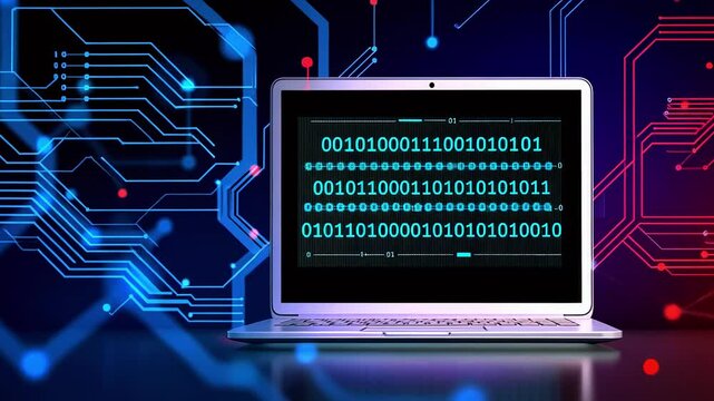 Abstract digital background featuring a laptop displaying binary code with circuit patterns