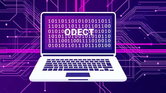 Laptop displaying binary code on a vibrant digital background, symbolizing technology and innovation