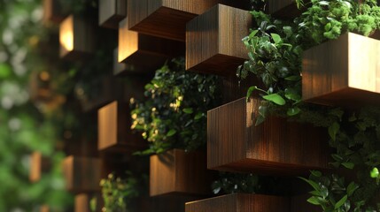 Fototapeta premium Luxurious interior wall design with protruding timber blocks creating dynamic relief pattern, abundant living wall greenery with multiple plant species, sophisticated lighting design, premium wood