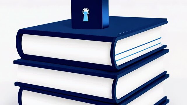 Stacked books with a padlock symbolizing knowledge protection, set against a minimalistic background