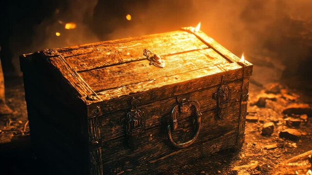 ancient treasure chest surrounded by glowing light, wooden texture and rusty lock, symbolic representation of secrets and history, cinematic atmospheric focus