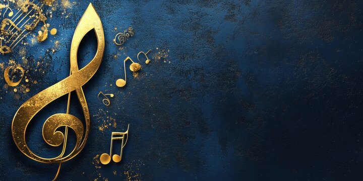 Golden Treble Clef on a Dark Blue Background: Musical Notes and Sparkle