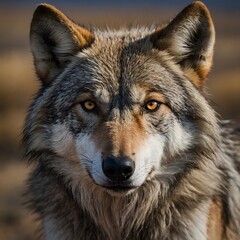 Fototapeta premium Intimate Portrait of Mongolian Wolf, Featuring Striking Amber Eyes Against the Steppe Background