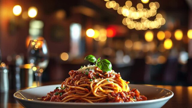 ceramic plate of spaghetti with marinara sauce, fresh basil garnish, rich and vibrant colors, warm and inviting atmosphere, detailed focus