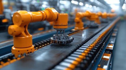 Fototapeta premium Orange Robotic Arms Assembling Metal Gears on Industrial Conveyor Belt
