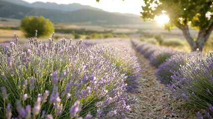 Fototapeta premium Serene Lavender Field at Sunrise with Gentle Sunlight and Scenic Mountain Background